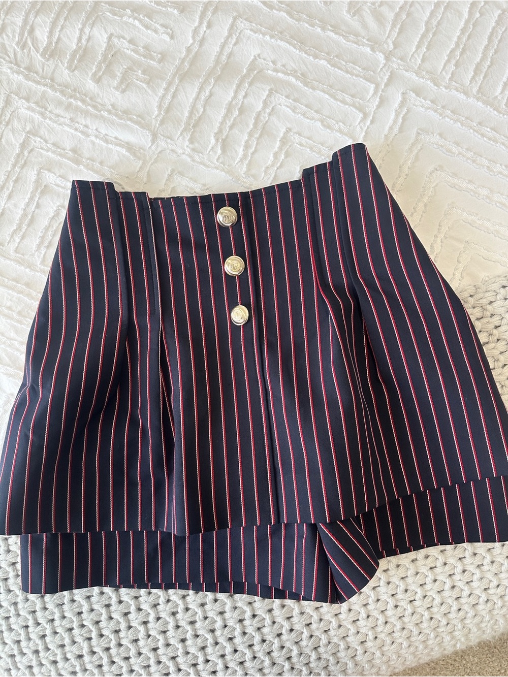 Maje Navy Mini Skirt with Pink Pinstripes and Gold Buttons